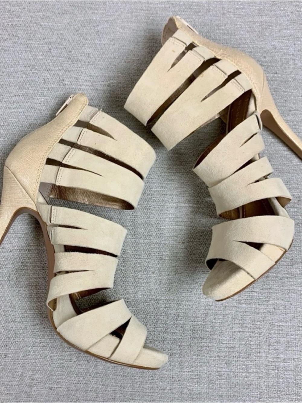 BCBG Beige Strappy Suede High Heel Sandals